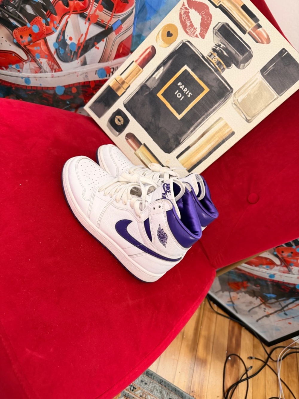 Jordan 1 Women’s High-Top Sneakers in White and Purple - Picture 2 of 4